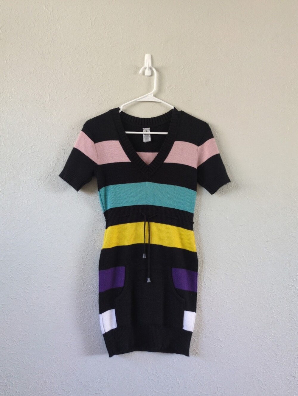 Black Multicolor Striped V-Neck Short Sleeve Sweater Tunic / Mini Dress